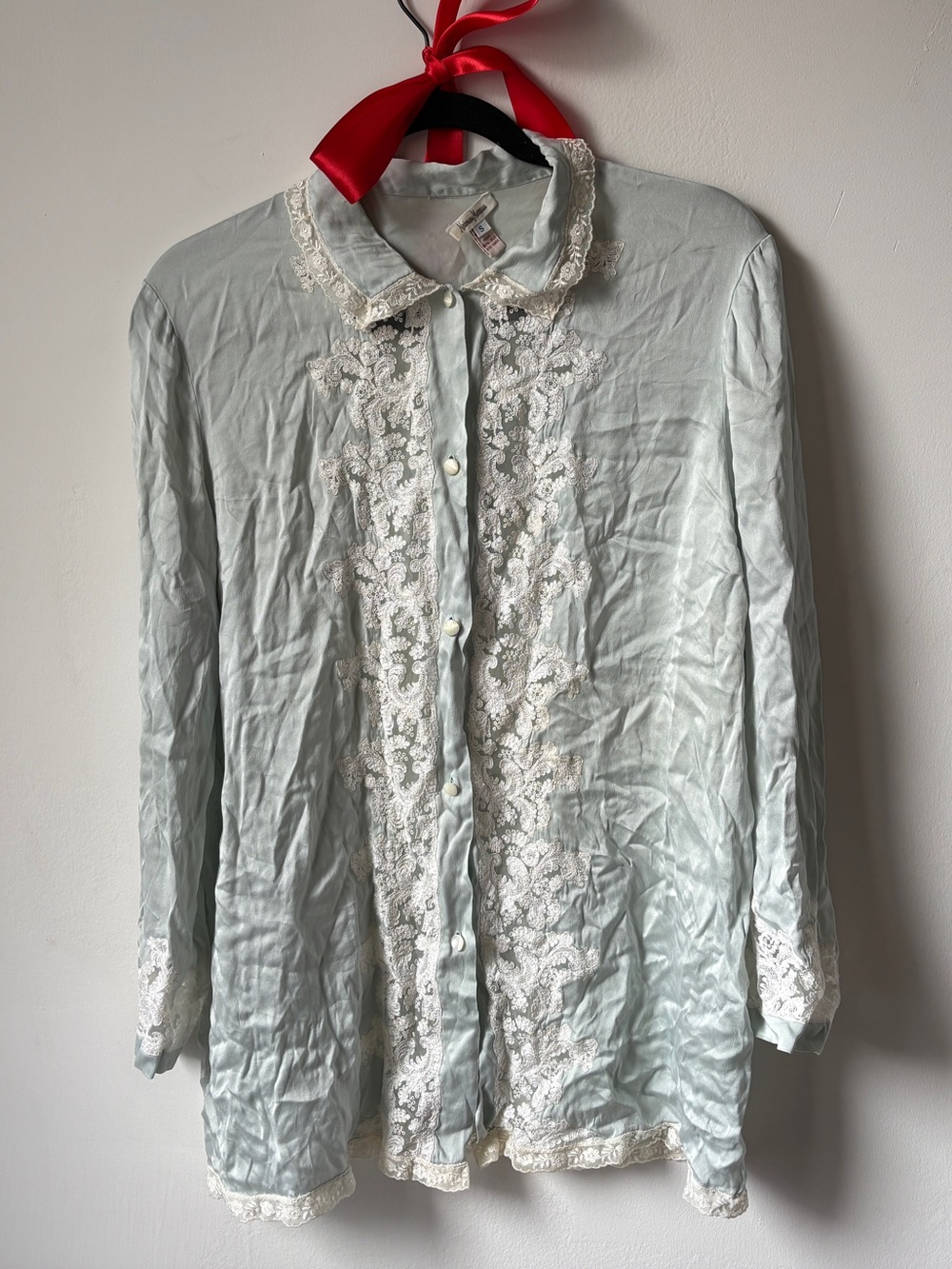Vintage Silk Charmeuse Light Blue Lace-Trim Button Shirt Blouse | S